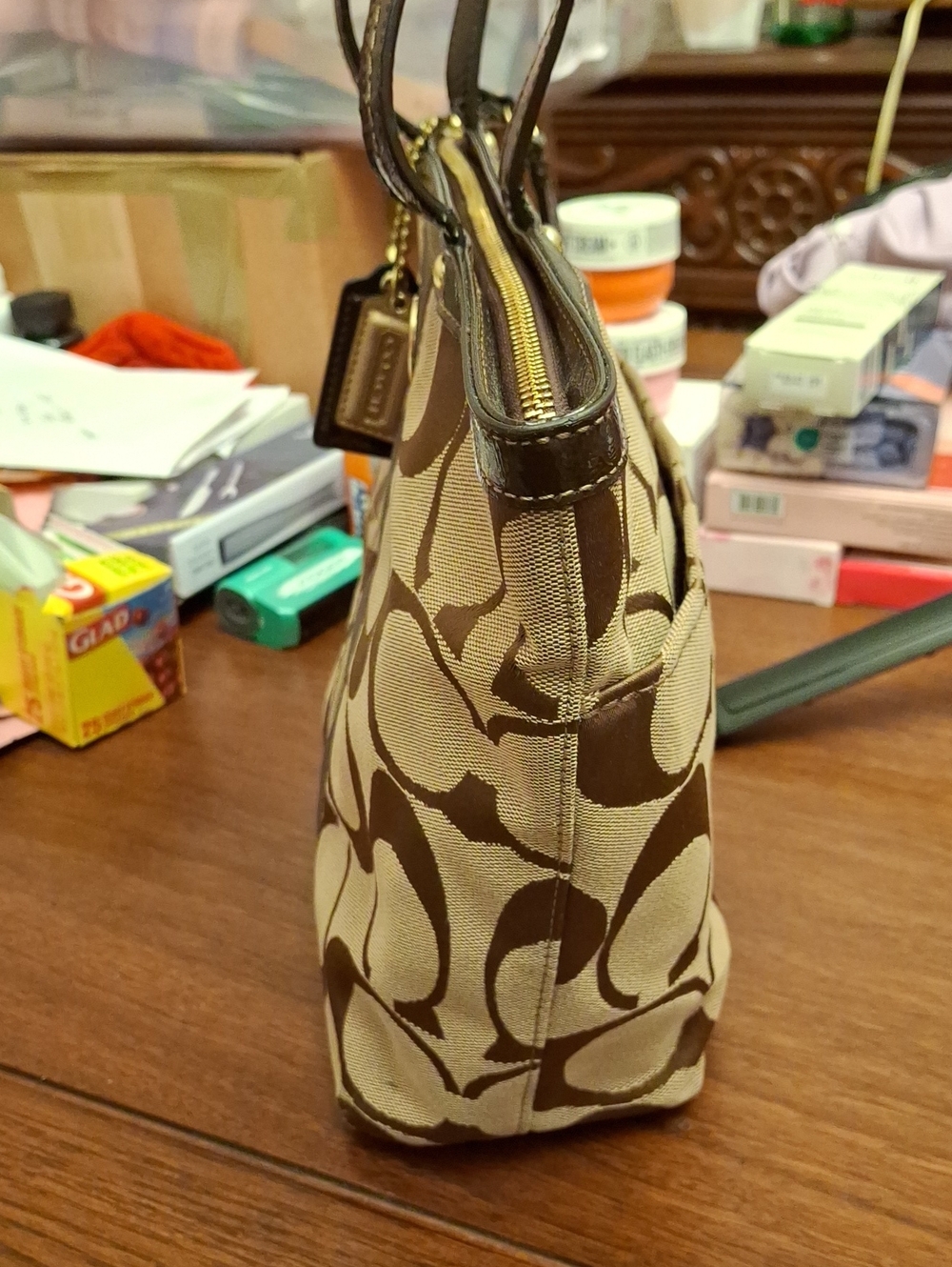 2013 Jan Coach signature-pattern canvas tote dark brown Accents Prelove Like New - Picture 4 of 16